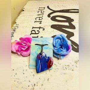 Hand, painted red, white and blue polymer clay, heart necklace